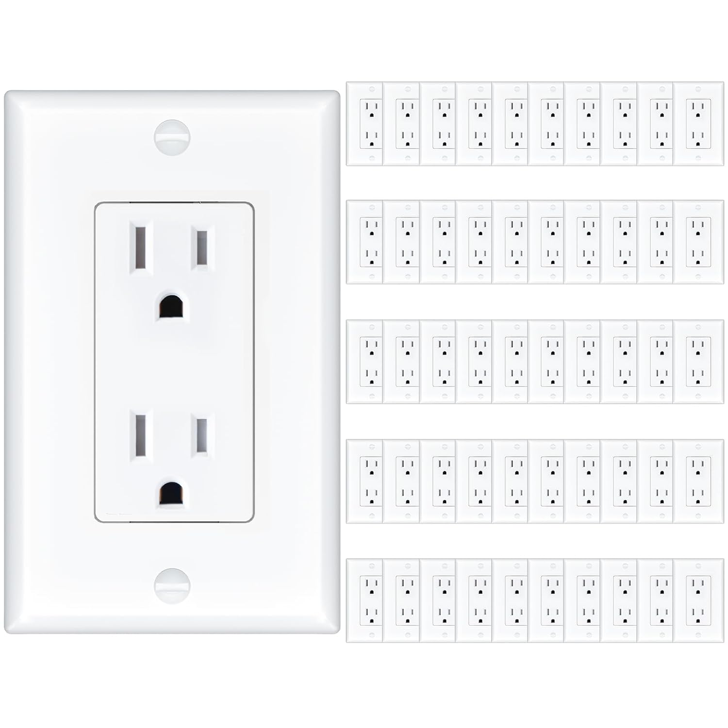 Amico 50 Pack Wall Outlet, 15 Amp Outlets, UL Listed, Tamper Resistant Standard Electrical Outlet, Decorator Receptacle with Wall Plate, Suitable for Home and Business, 125V/1875W, White