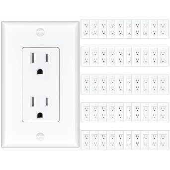 Amico 50 Pack Wall Outlet, 15 Amp Outlets, UL Listed, Tamper Resistant Standard Electrical Outlet, Decorator Receptacle with Wall Plate, Suitable for Home and Business, 125V/1875W, White