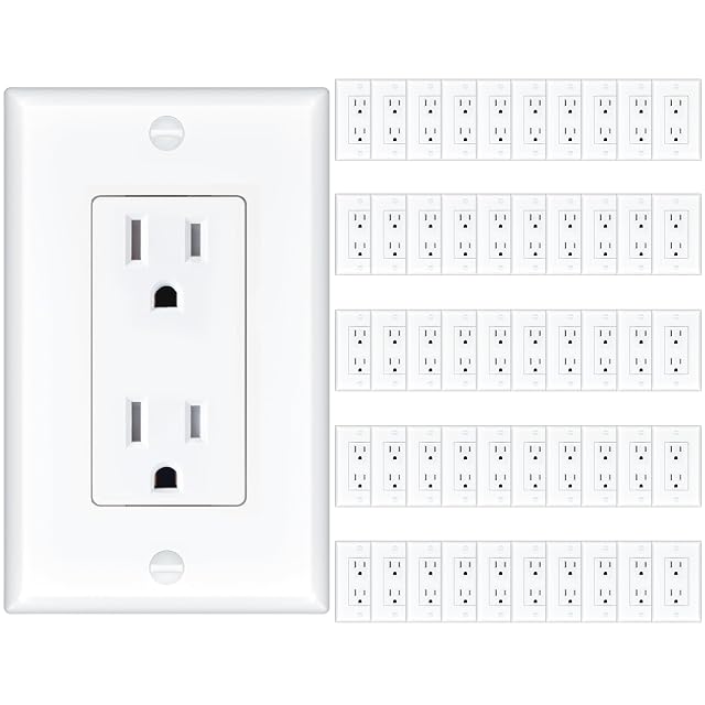Amico 50 Pack Wall Outlet 15 Amp Outlets UL Listed Tamper Resistant Standard Electrical Outlet Decorator Receptacle with