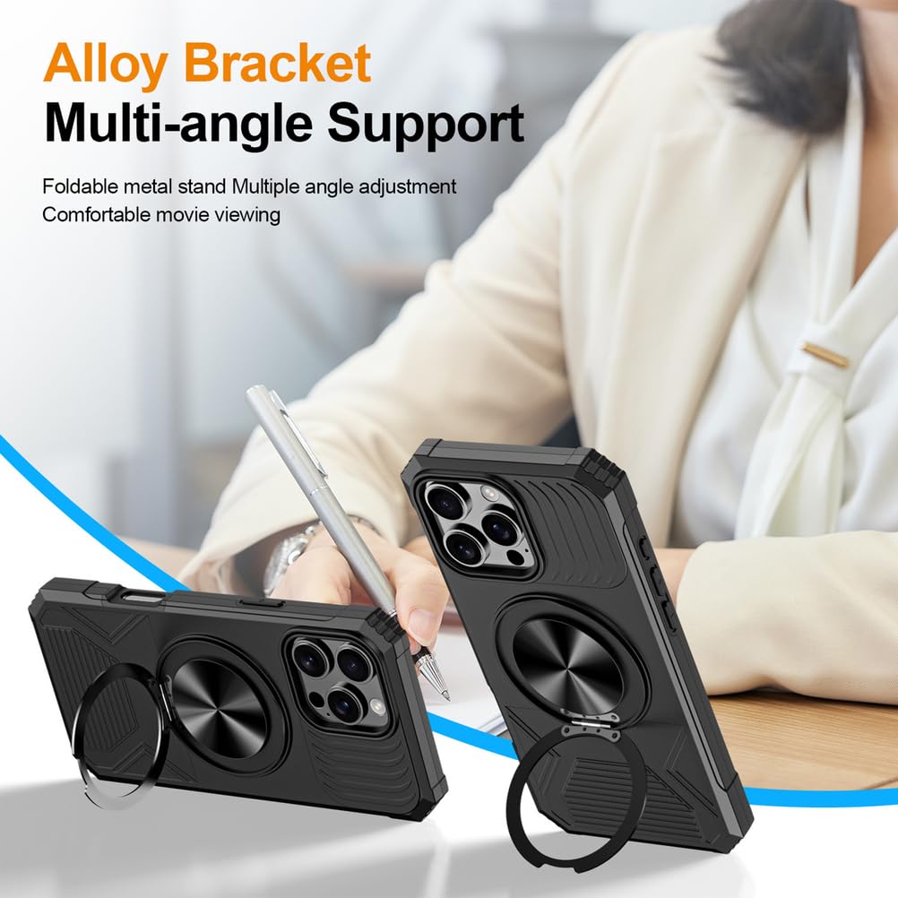 Magnetisch Hülle für iPhone 17 Pro Max/17 Pro/17 Air/17, Militär Stoßfeste rutschfeste Schutzhülle mit Drehbarer Ringhalter Handyhülle,Schwarz,17 Pro