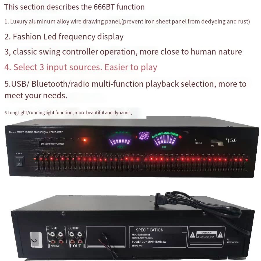 EQ-666BT Ecualizador Bluetooth sin pérdidas estéreo de 40 bandas Controlador de efectos digitales de audio,EQ Hi-Fi Home EQ,Ecualizador de ajuste alto/medio/bajo,tarjeta de soporte/disco U, black