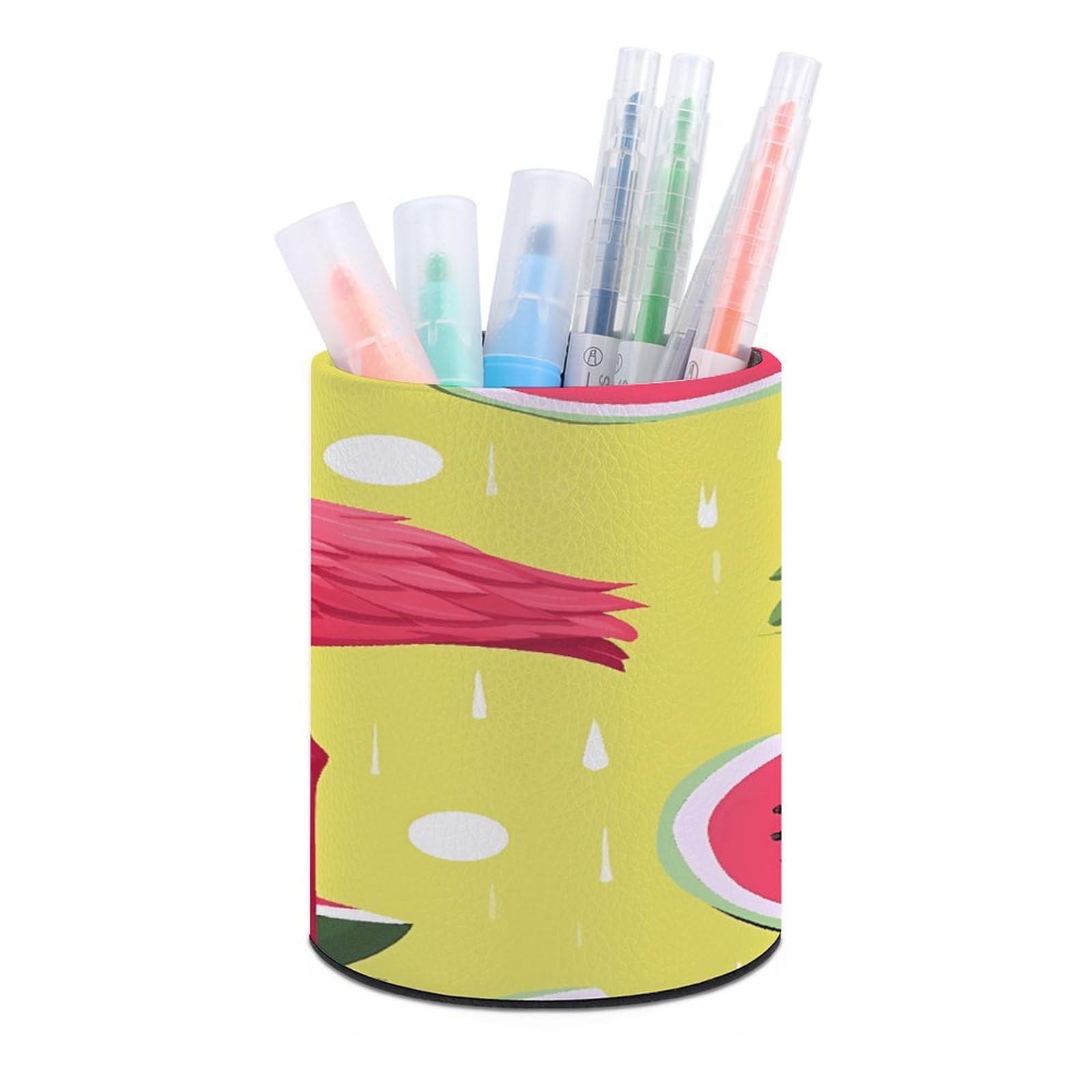 MUSM Pink Flamingo And Watermelon Pen Holder Large Capacity Pen Holder Modern PU Pencil Holders Durable Waterproof Pens Cup for Home Office Desktop Organizer