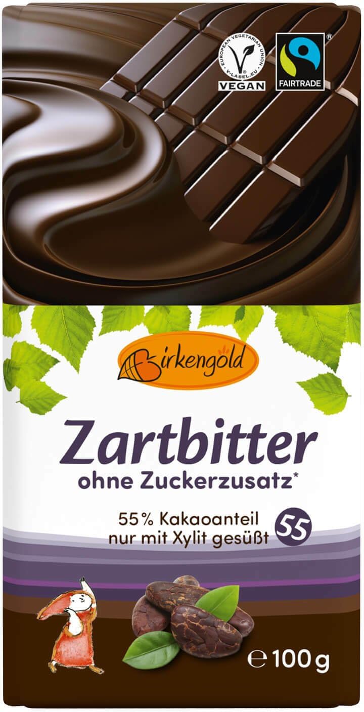 Birkengold Zartbitter Schokolade, 55% Kakaogehalt, ohne Zuckerzusatz 12 x 100 g