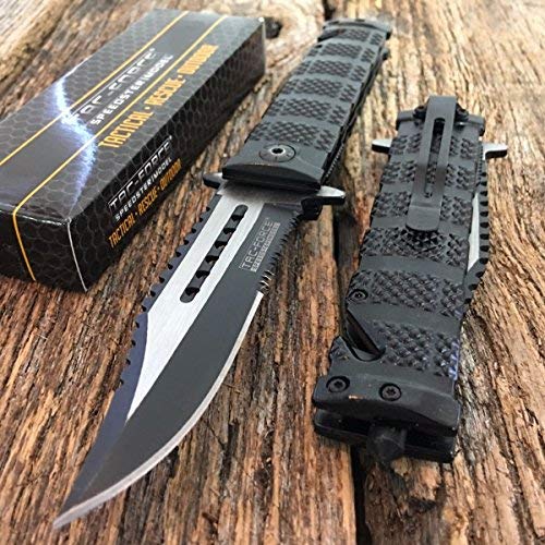 Tac-force Black Spring Assisted Open Sawback Bowie Tactical Rescue Folding Pocket Knife