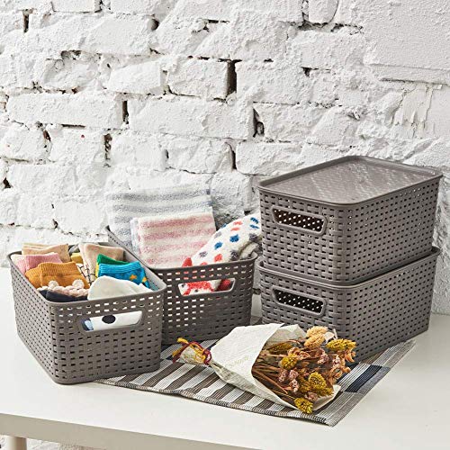 Ezoware Set Of 4 Lidded Storage Bins, Small Plastic Stackable Weaving Wicker Organizing Baskets Boxes Containers With Lids And Handle, 11 X 7.3 X 5.1 Inch #TOP3