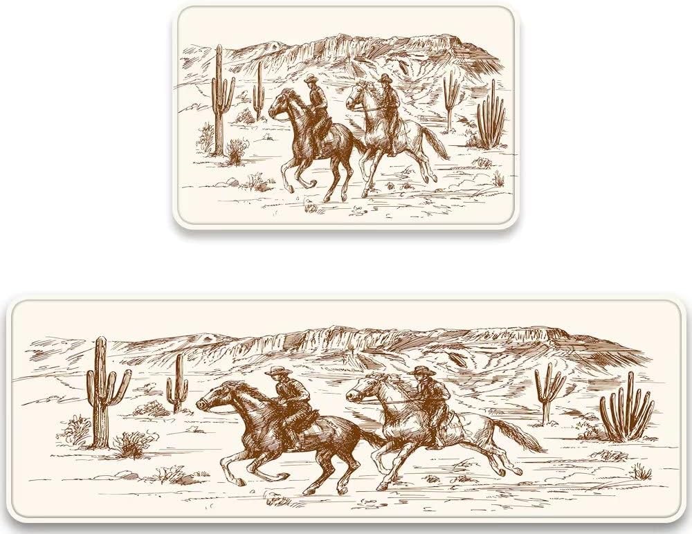 Western Kitchen Rugs Sets 2 Piece,Country Theme of American Wild West Desert Cowboy Comfort Mat Cushioned Floor Mats Washable Doormat Anti Fatigue Non-Slip Bathroom Runner Rugs Bedroom Area Carpet