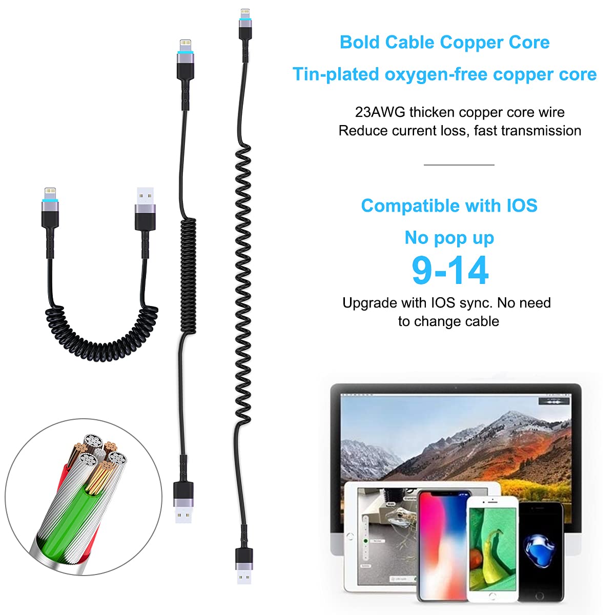 Cavo Lightning Coiled a 90° in nylon intrecciato Apple MFi Certified & CarPlay Compatible 6FT Cord Data Transmission iPhone 14/13/12/11/X/XS/XS Max/8/7/6