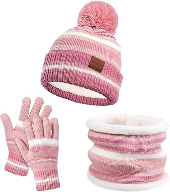 Icegrey 3Pcs Kids Winter Hat Gloves Scarf Set, Girls Boys Beanie with Pom Knit Neck Warmer Gaiter Mittens Fleece Lined Set