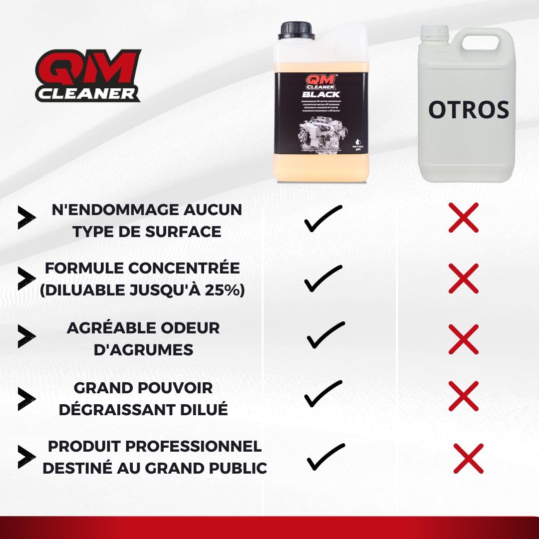 QM Cleaner Black 2 litres | Dégraissant concentré Non Acide - Moteurs, chaînes, transmissions, embrayages - Peut être dilué jusqu'à 25% - Convient au Nettoyage par ultrasons