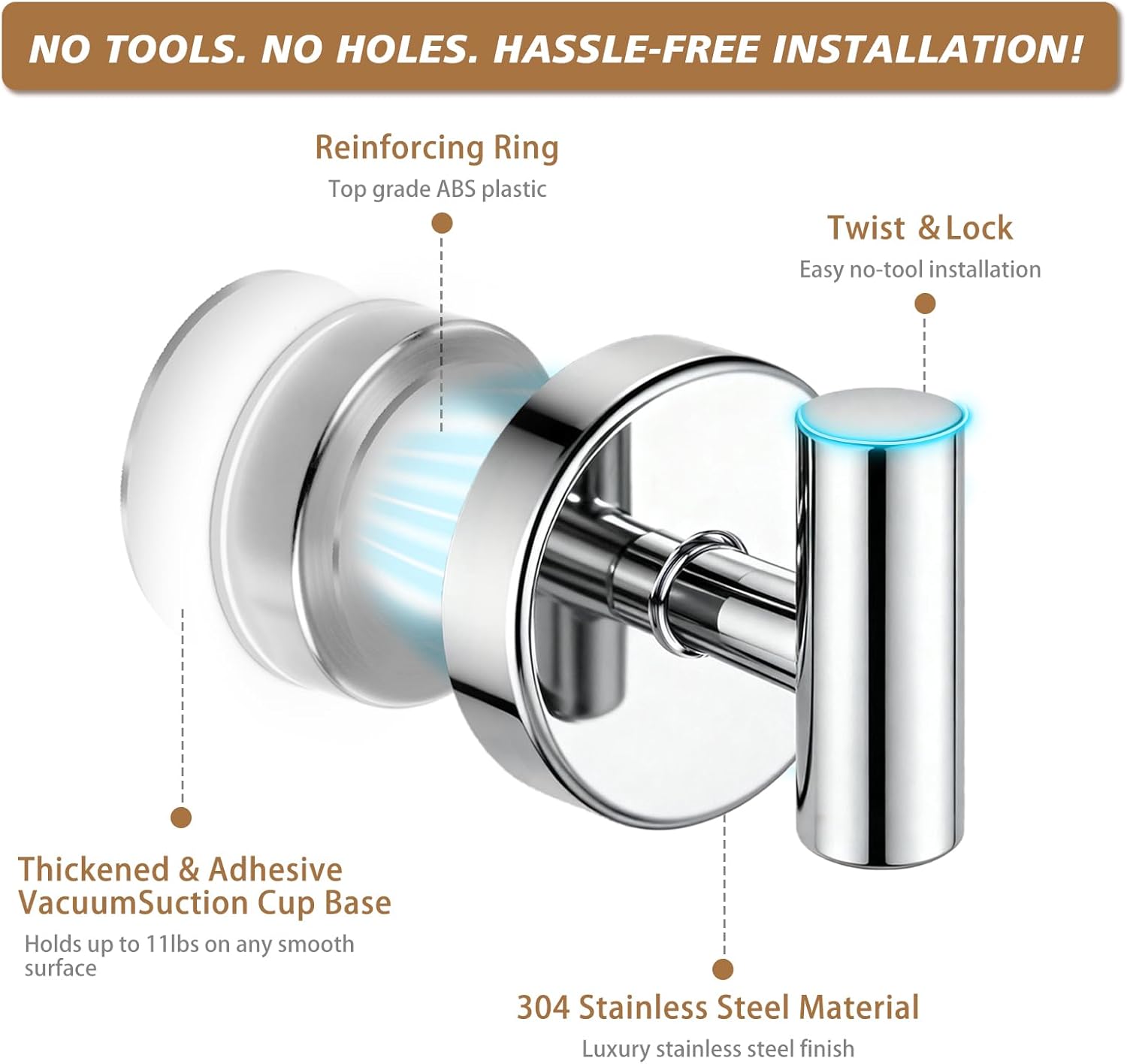 Suction Cup Hooks for Shower, Kitchen, Bathroom, Mirror, Wall, Door, Tile, Glass, Window No Damage – Removable Towel Holder for Hanging Loofah, Robe, Coat, Heavy Duty Hook Chrome (4-Pack)