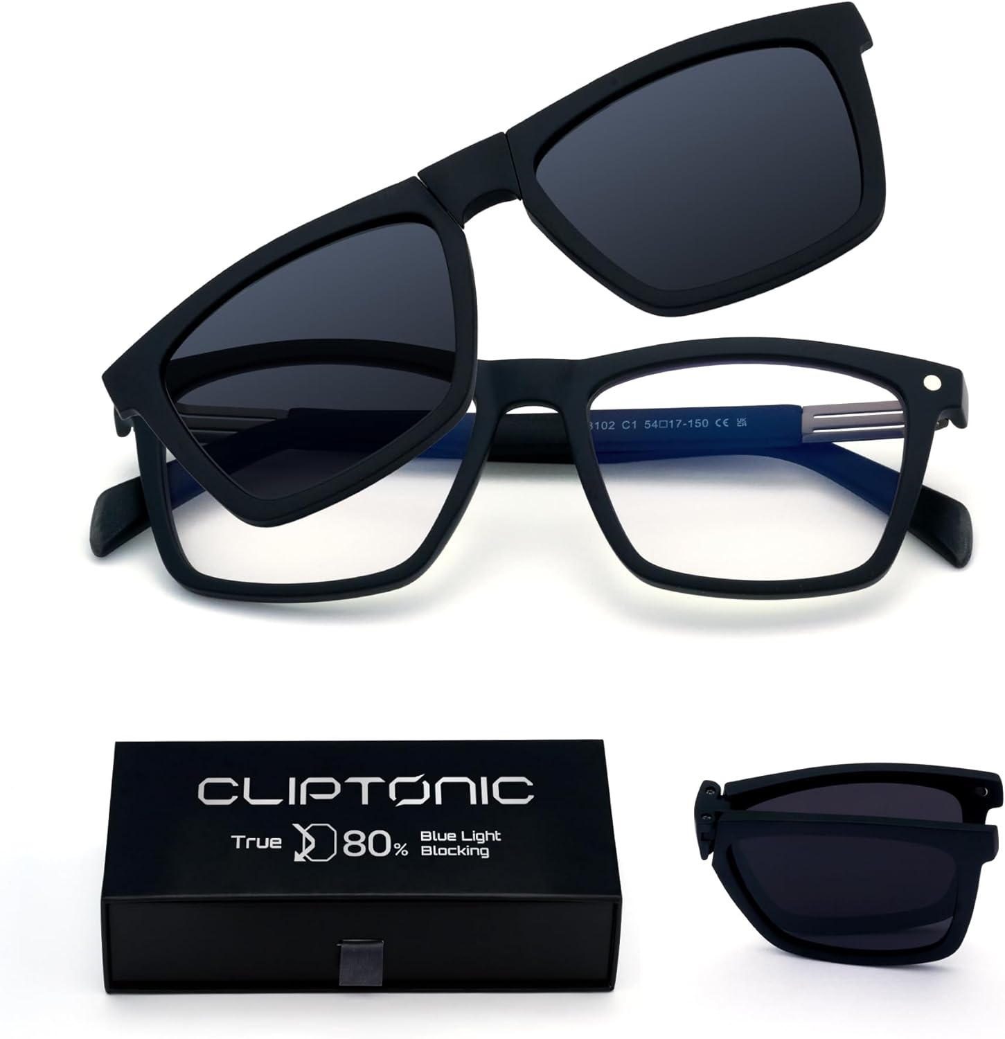 2-in-1 Magnetic Clip- On Blue Light Blocking Glasses–Rectangle Frame + Polarized UV400 Clip, TR90, Anti-Reflective
