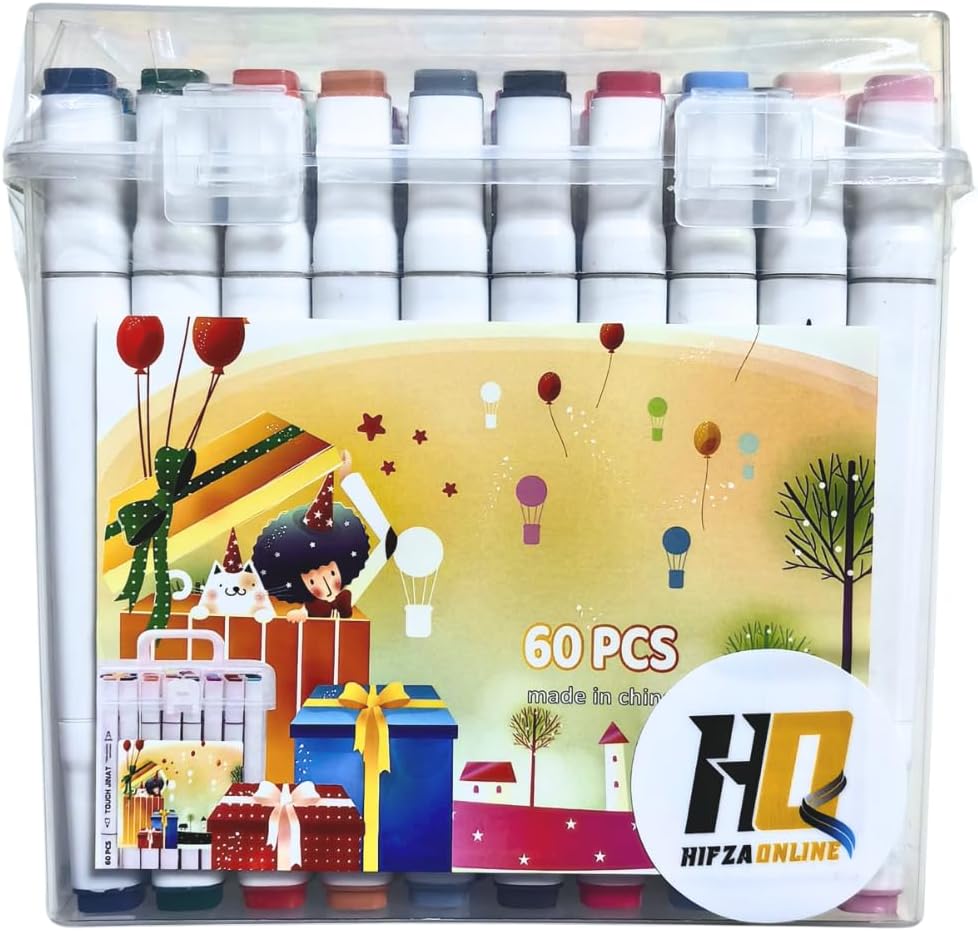Hifza Online 60-Color Dual Tip/Double Sided Alcohol Markers Set with Storage Box, for Art and Design