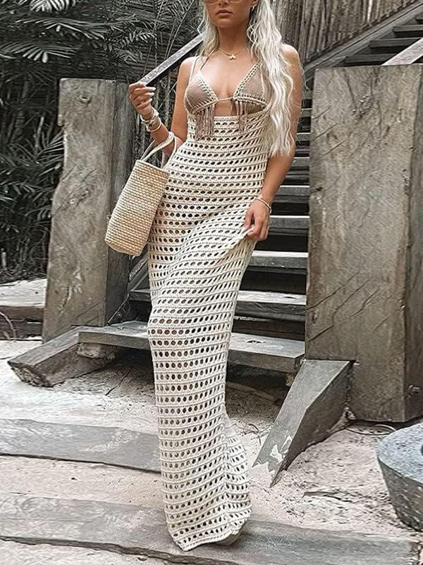 Miniatura 2 de Vestido largo de punto para mujer, de manga larga, con huecos, transparente, de ganchillo, vestidos largos de playa