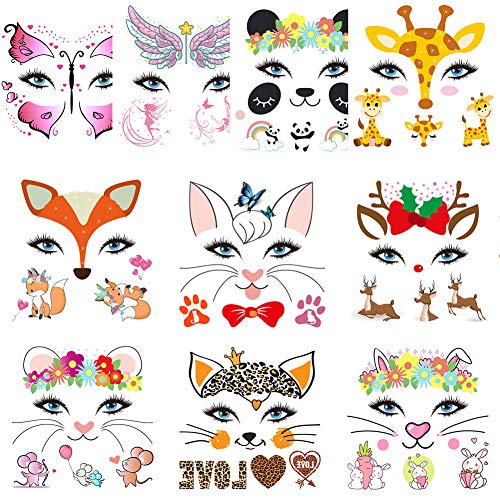 Fanoshon 10枚一時的な顔タトゥーシール動物をテーマにした子供と大人 蝶 パンダ キツネ ウサギ 猫をテーマにしたフェイスボディーペイントタトゥーステッカーハロウィン仮装 コスプレ用 防水長持ち