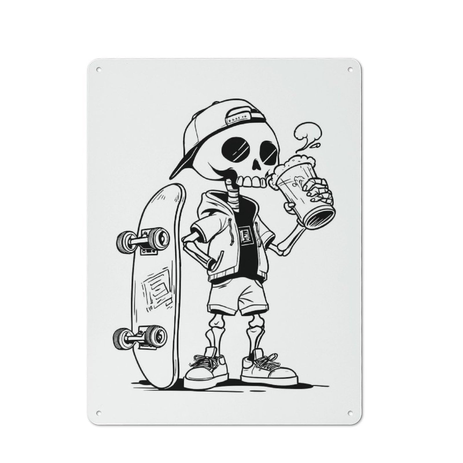 Junmoney Style-19 Tin Wall Plaque 40X30cm With Skateboarder Skeleton Drinking Beer For Pub Or Café, For Hospitality Wall Decor Collectors