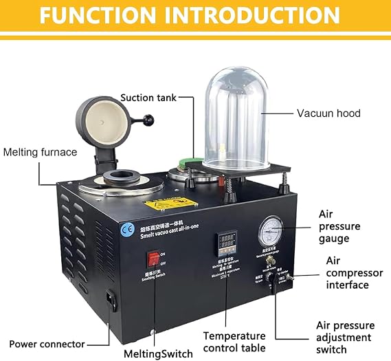 Vacuum Casting Machine for Jewelry Making - Metal Lost Wax Casting Kit with Temperature Control Gauge and Vacuum Cover for Silver, Gold, Copper