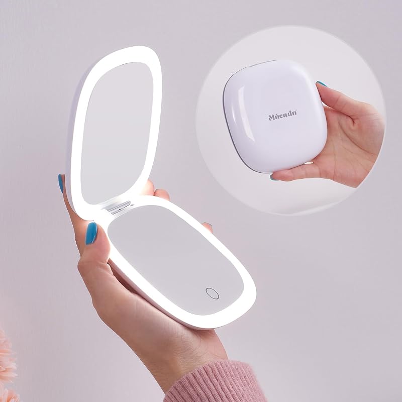 Espelho compacto de maquiagem Mocado com LED, ampliação 1X/10X, toque, USB e bolsa de veludo, branco