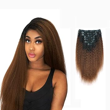 AmazingBeauty 8A Double Weft Texlaxed Kinkys Straight Ombre Clip Extensions Human Hair for Black Women, Natural Black Fading into Chocolate Brown, 7 Pieces, 115 Grams, KS TN-4, 16 Inch