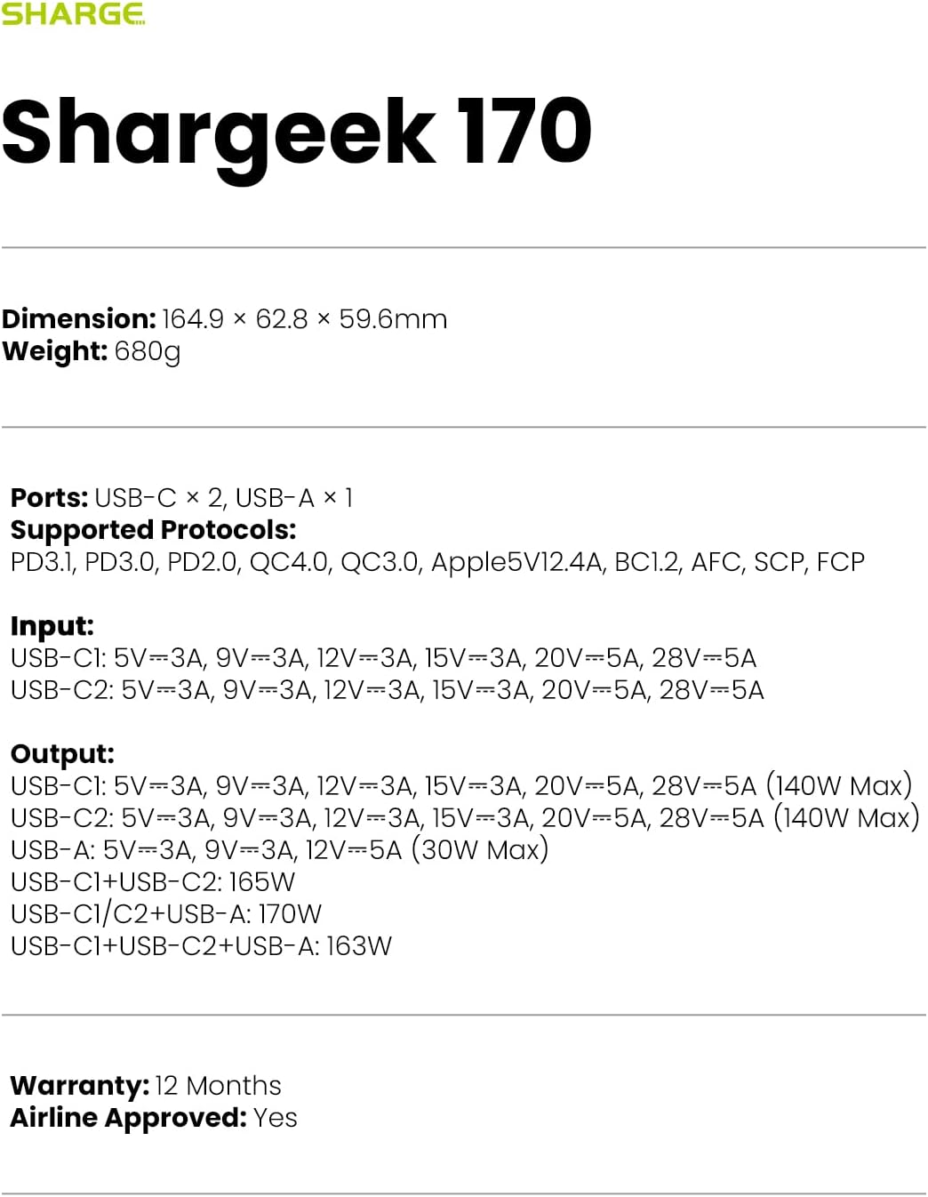 SHARGEEK 170 Power Bank, 170W Total 24,000mAh High Capacity Portable Charger with Smart Display, IP66 140W PD3.1 Battery Pack for Laptop iPhone 17/16/15 Galaxy S26/ Google Pixel MacBook, Steam Deck