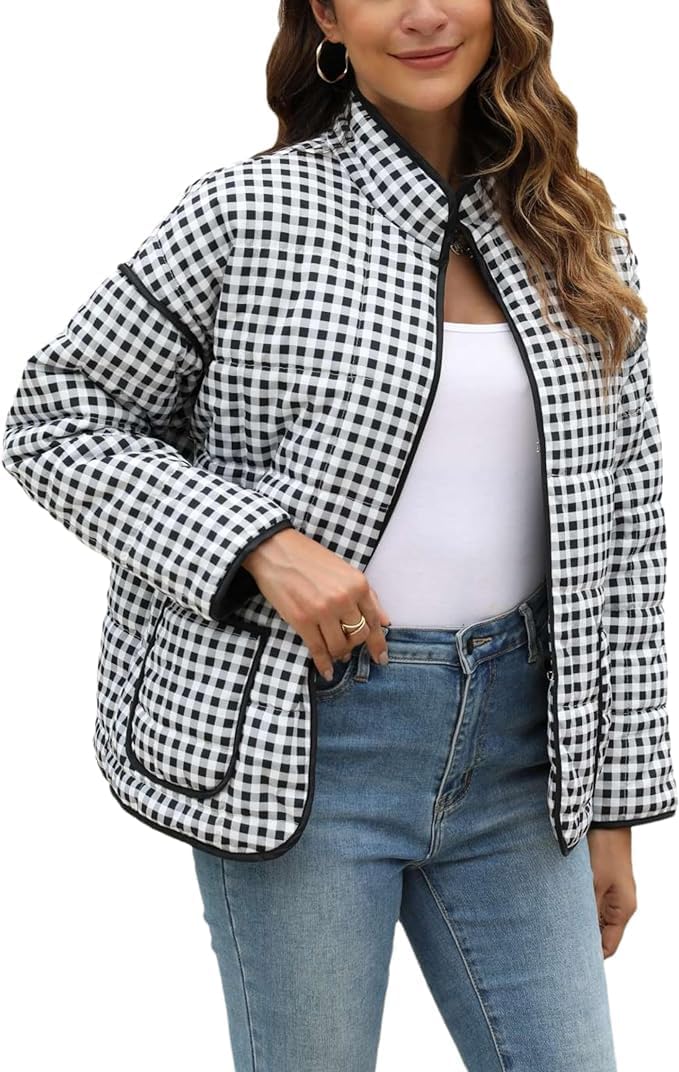 VAOYIU Women's Loose Retro Striped Quilted Jacket Stand Collar Cropped Puffer Outerwear Vintage Coat with Contrast Trim - Image 5