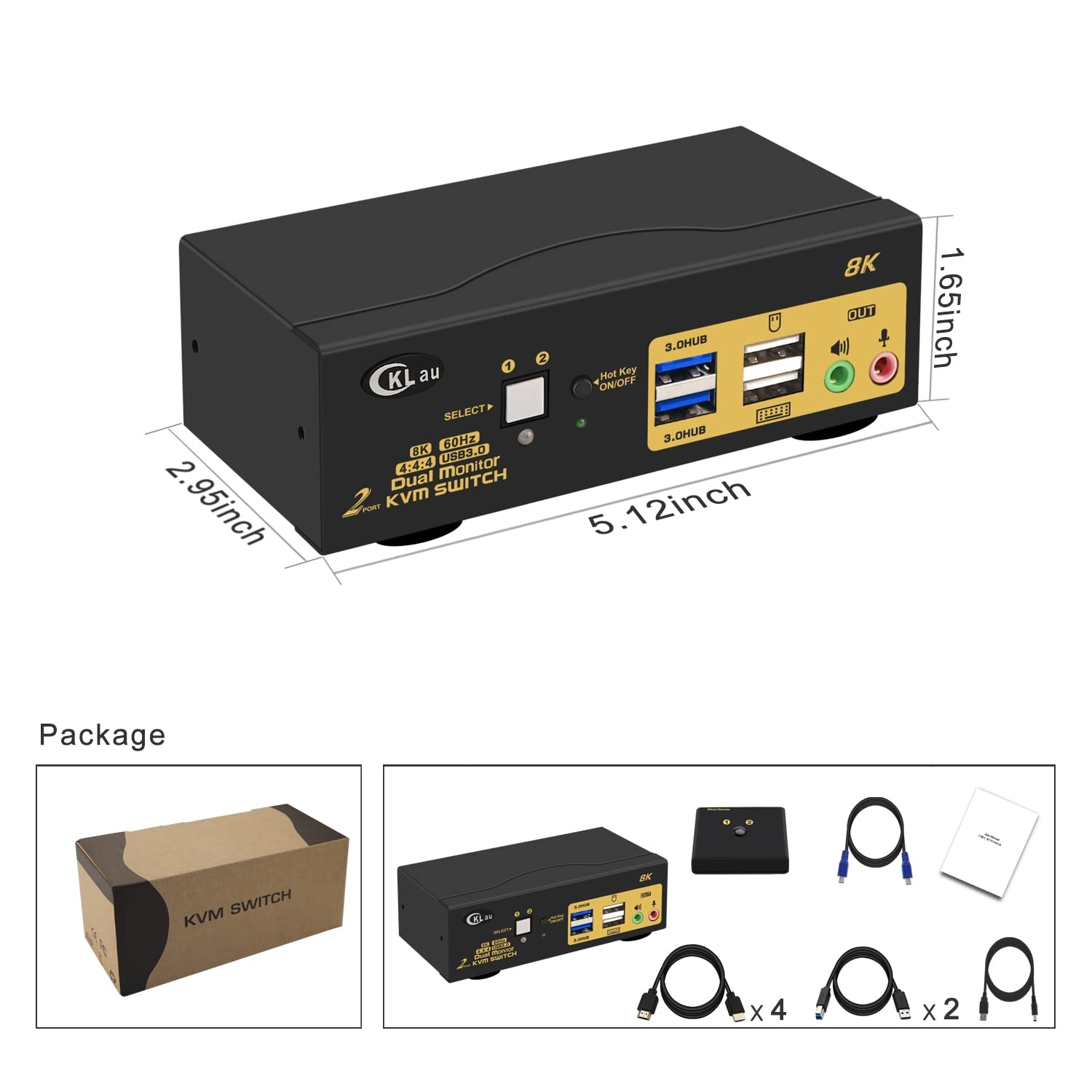 CKLau 2 Port USB-C KVM Switch 4Kx2K@60Hz, Dual Monitor USB Type-C KVM