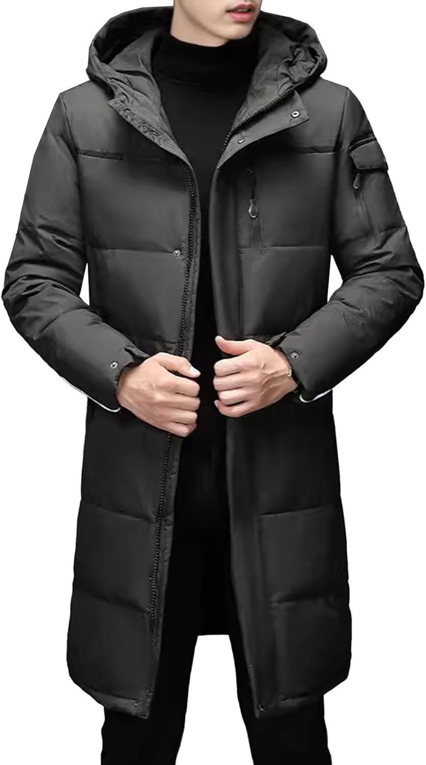 JEKE-DG Men's Hooded Thicken Long Puffer Jackets Windproof Warm Casual Down Coats Solid Zip Up Winter Quilted Coat