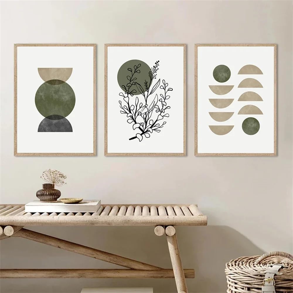 SOBMQ Art Decor-Abstract Sun Leaves Poster Modern Boho Canvas Art Painting Green Geometry Print Pictures Nordic Wall Posters Living Room Decoration-40 * 50cm-3PCS (No Frame)