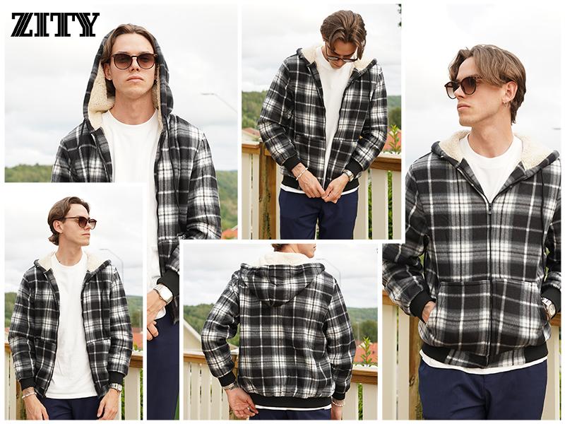 ZITY Heavy Thick Hoodies for Men Plaid Flannel Warm Sherpa Fleece