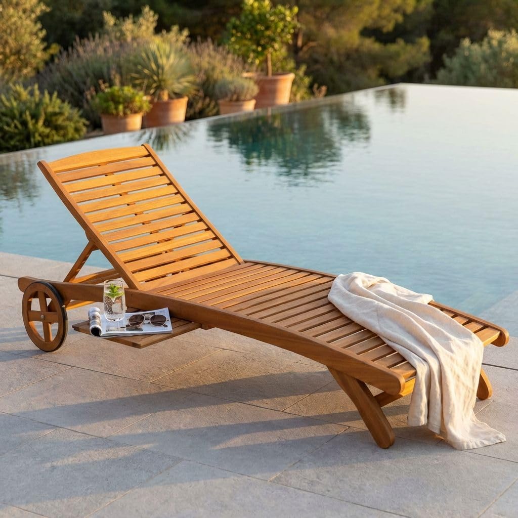 milani home - lettino prendisole da giardino, legno di acacia, con ruote, schienale regolabile, ripiano laterale
