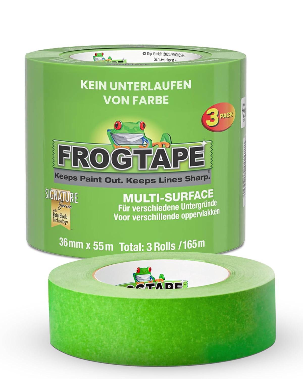 Frog taśma malarska na wielu powierzchniach, zielona, 36 mm x 55 m, 3 sztuki, taśma maskująca z technologią PaintBlock, taśma maskująca do drewna i metalu, ostre linie, bez pozostałości, taśma klejąca