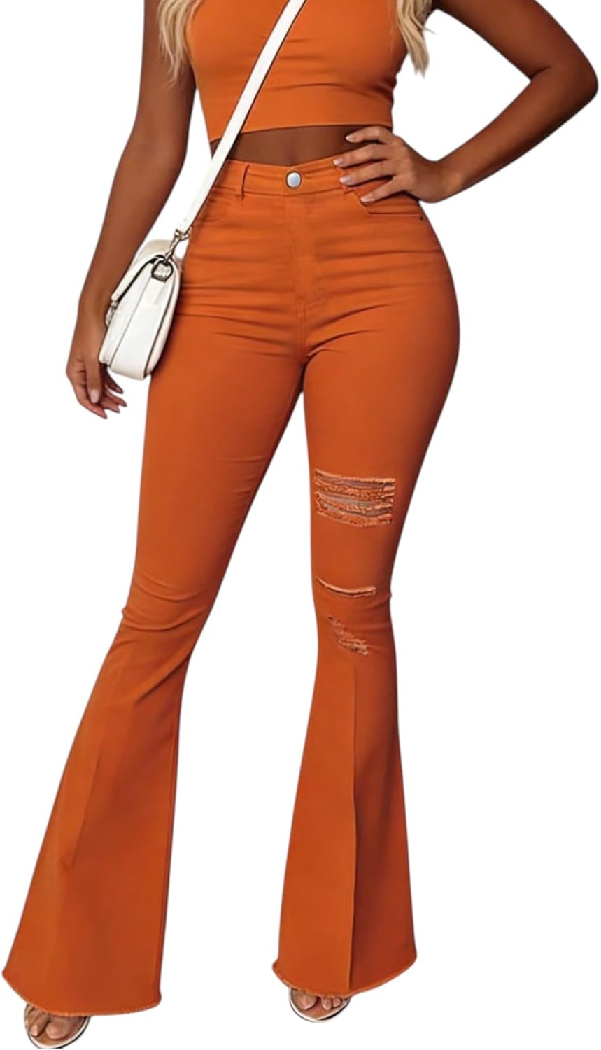 Flare Jeans for Women Stretch Ripped Distressed Bell Bottoms Curvy Wide Leg Bootcut Pants