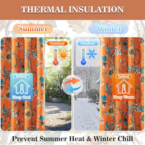 Image of MYSKY HOME Orange Floral 95% Blackout Curtains 54 Inches Long for Small Window Thermal Insulated Light Blocking Drapes Grommet Country Coquette Window Panels, 2 Pcs, 52 inch Wide
