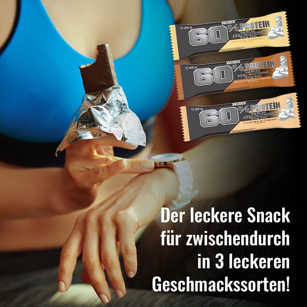 WEIDER 60% Proteinriegel, Eiweißriegel mit dem höchsten Proteingehalt auf dem Markt, High Protein Riegel mit Glutamin und BCAA für Muskelaufbau und Fitness, 24 Stück á 45g, Mix-Box