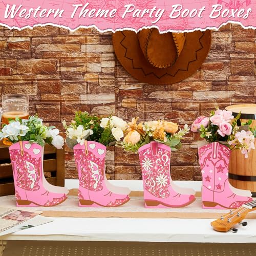 Image of 12 Set Western Cowgirl Boots Flower Boxes Centerpiece Boot Shape Gift Boxes Party Decoration Vase Centerpieces for Tables for Rodeo Birthday Baby Shower Wedding Supplies