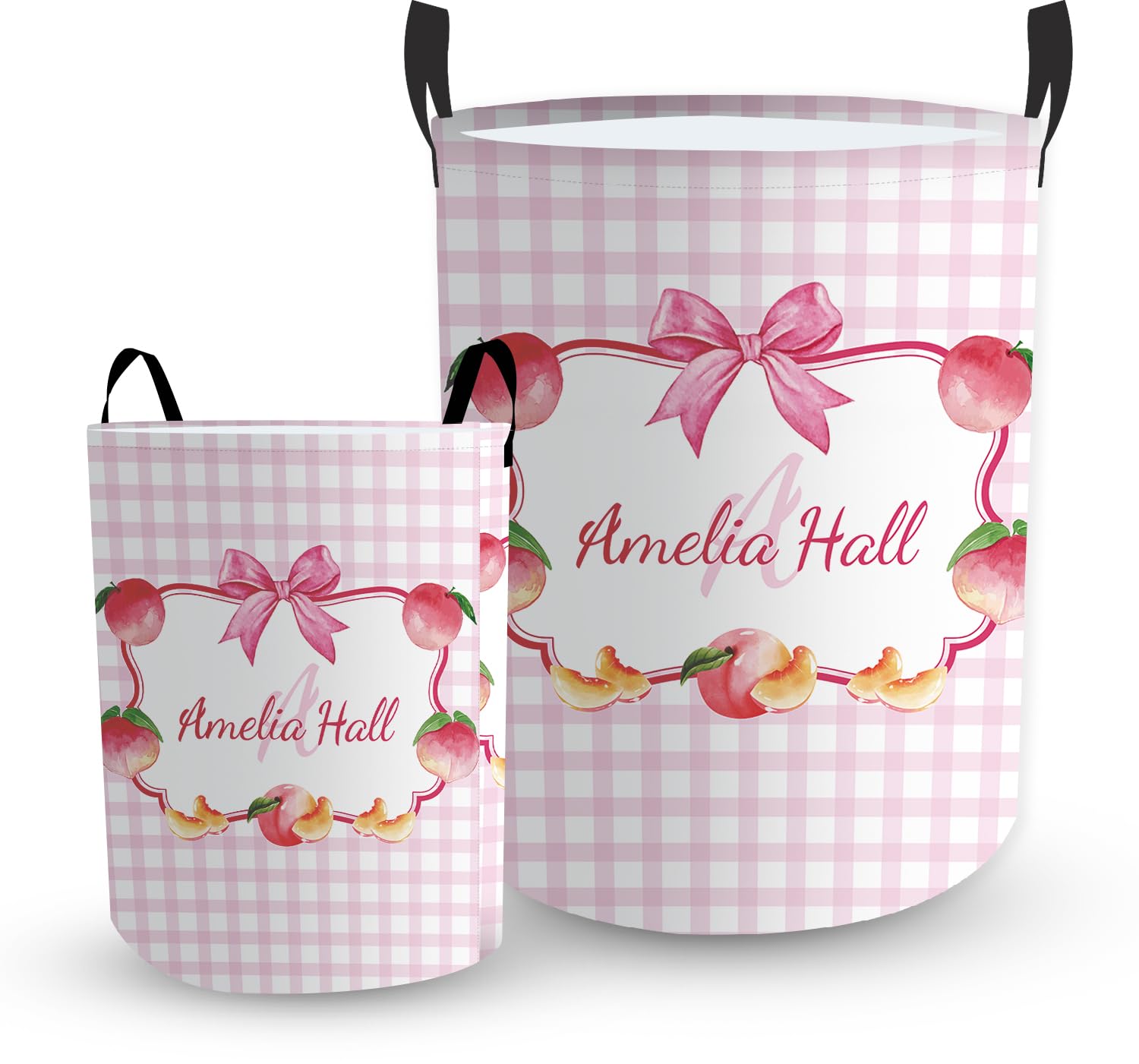 Personalized Laundry Hamper for Girls – Custom Name Baby Laundry Basket with Handles, Charming Pink Plaid Nursery Room Storage Basket, Foldable Oxford Toy Organizer Gift for Toddlers