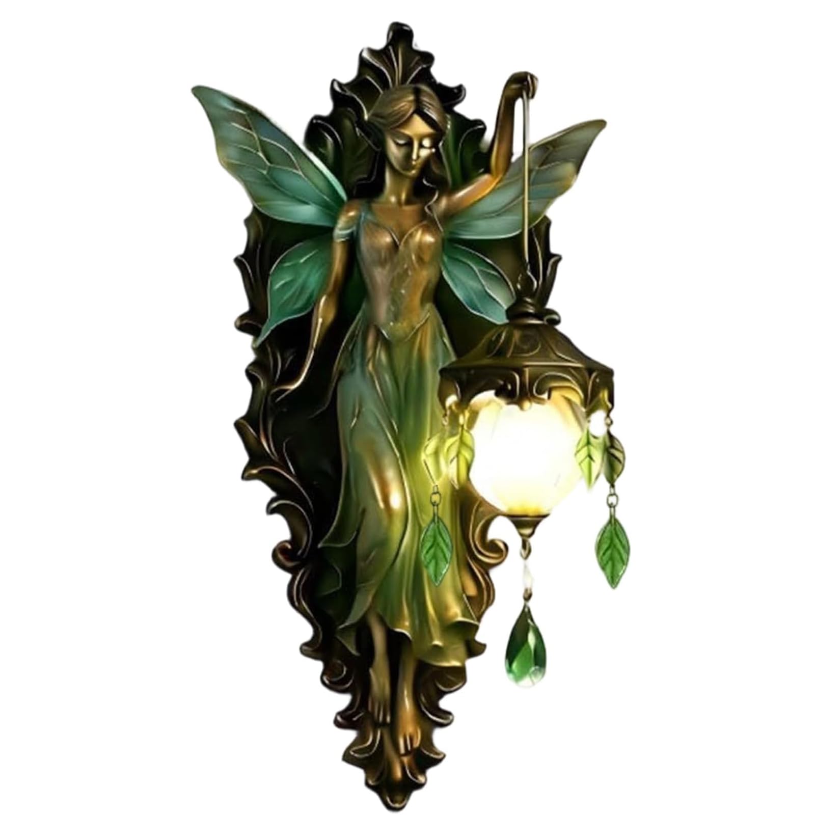 Vintage Fairy Garden Wall Lamp, Gold and Green Metal Decorative Sconce, 19cm Height, Winged Design with Hanging Crystal Leaves, Indoor Ambient Light for Living Room, Bedroom (Green*1)
