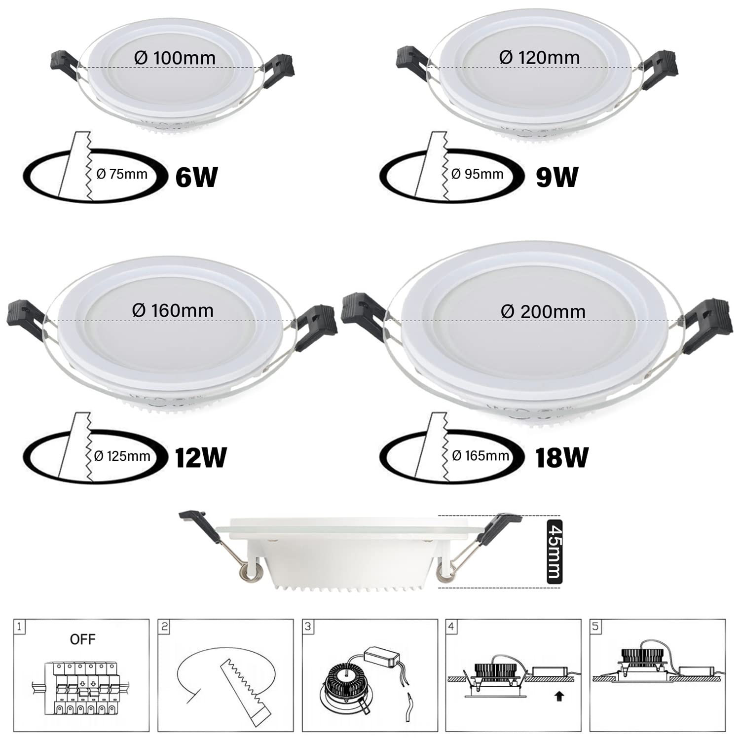 LED Einbau-Downlights,Runde Lichtleiterplatte Aus Glas LED Einbaustrahler,6W 9W 12W 18W Deckeneinbauleuchte,Extraflach 45 Mm Tiefe,Inklusive Transformator,Pack ×10