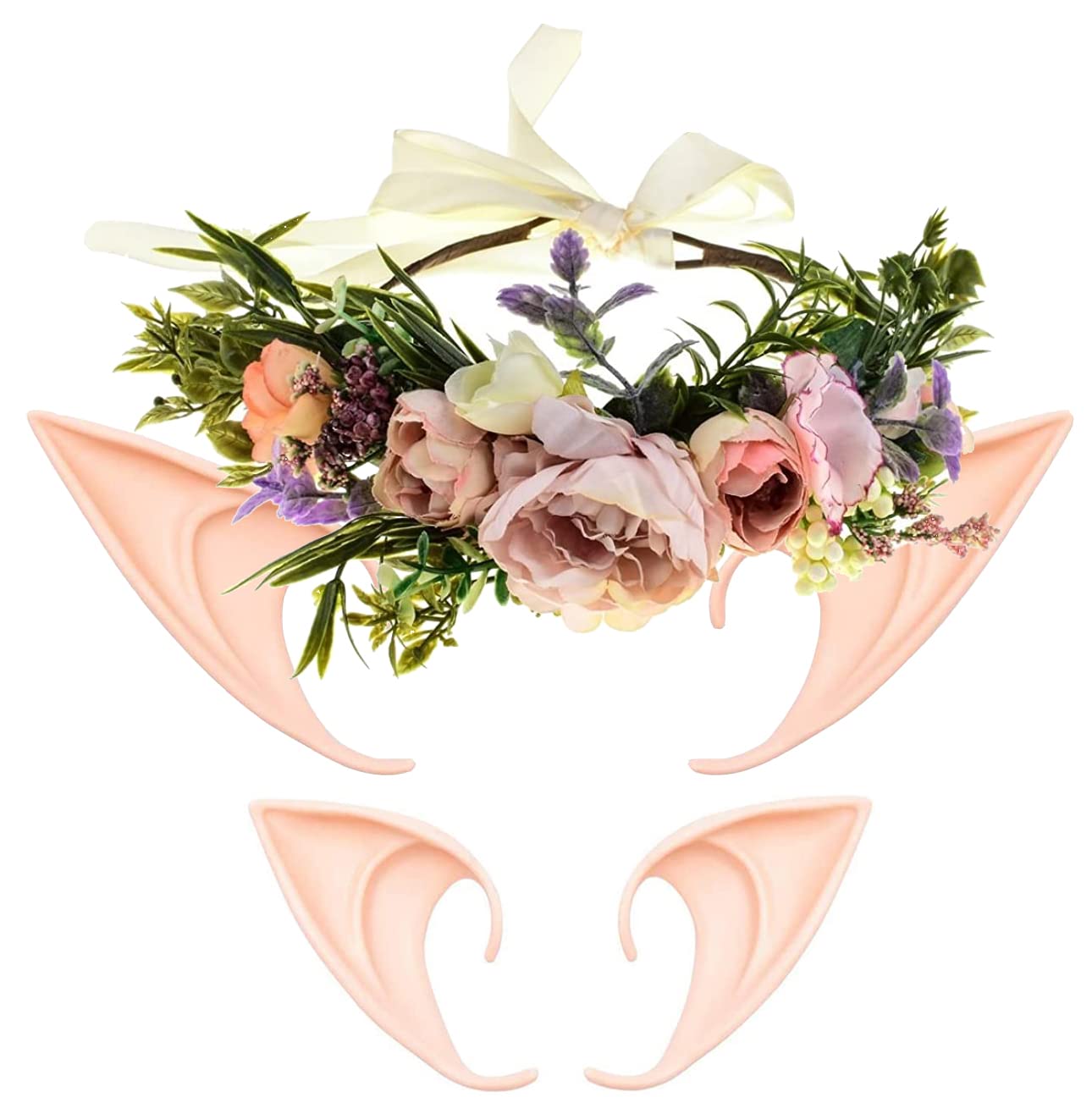 Flower Crown Wreath Boho Greenery Leaf Crown with 2 Pairs Elf Ears Dress Up Costume Cosplay Photo Props