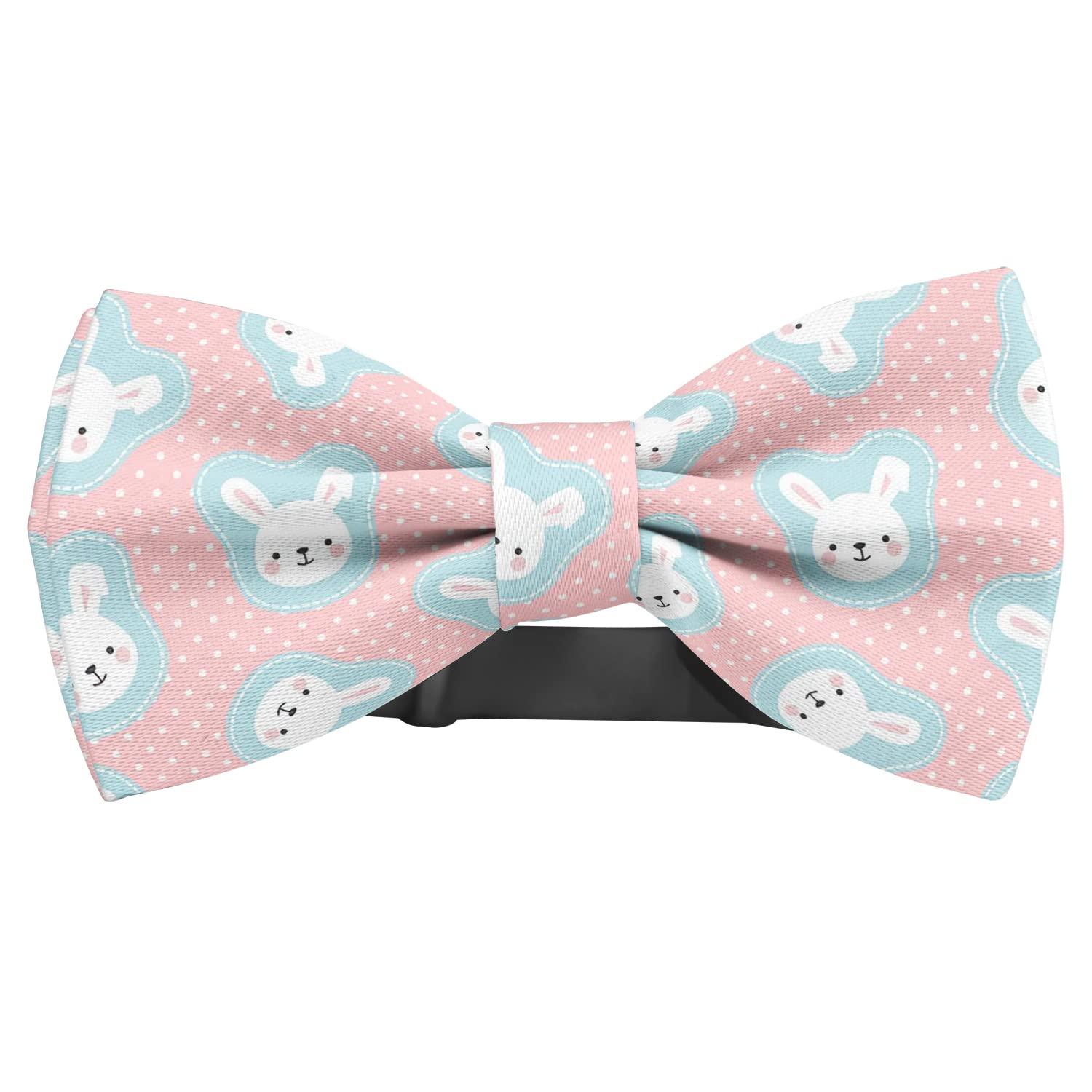 KAWAMOUSE Adjustable Pre-tied bow tie for toddler Boys (Cute White Bunny Rabbit Pattern) Elegant Cute Bowties for Dogs Cats Pets
