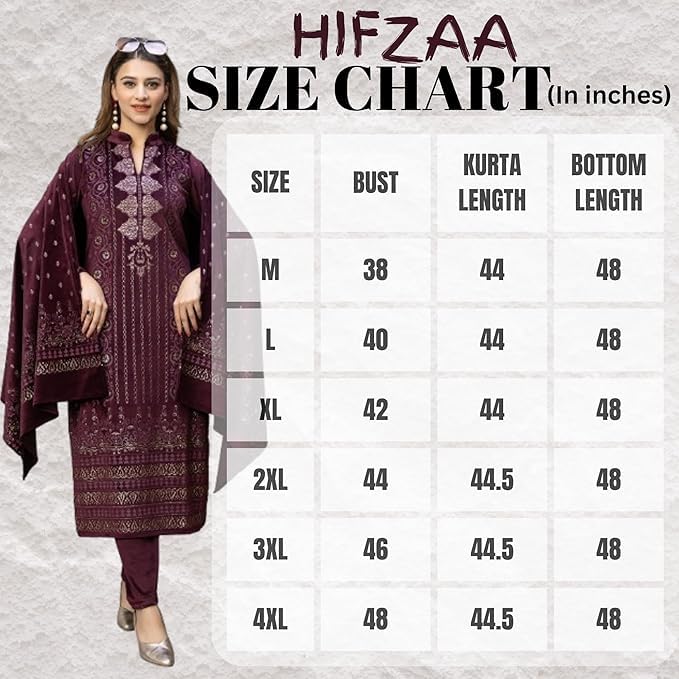 Image of HIFZAA velvet kurta palazzo set with dupatta for womens printed winter wear suit M to 4xl