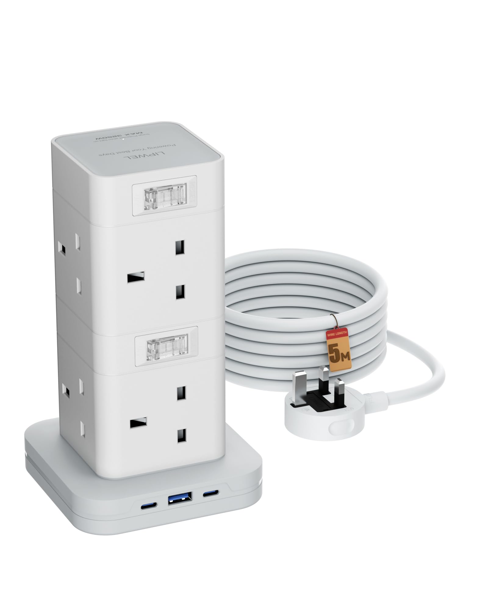LIPWEL 8 Way Electric Extension Lead 3 USB GaN 20W Fast Charging 3250W Plug Extender Surge Protection Extension Cord with Switches Flame-Retardant 3M Extension Socket