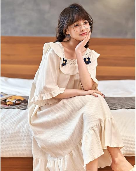 Amazon Co Jp 大きいサイズ ネグリジェ パジャマ かわいい フリル レース ロングワンピース レディース 半袖 綿 肌に優しい ロング丈 春 夏 秋 ルームワンピース ルームウェア 部屋着 姫系 ゆったり マタニティウェア 妊婦服 M 3xl ファッション