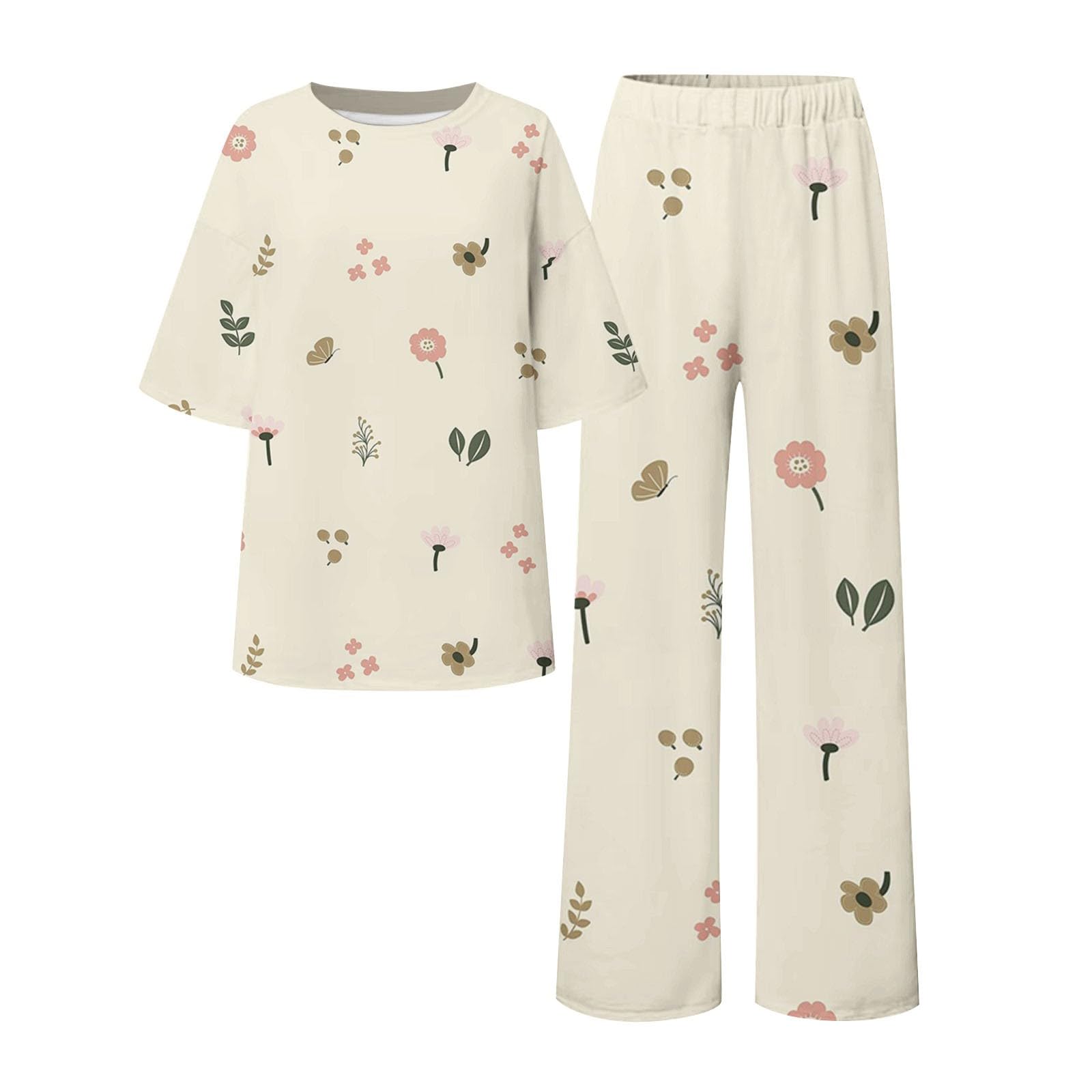 Genérico Pantalones De Vestir Mujer Camiseta Holgada de Manga Corta con Cuello y Estampado Floral para Mujer, Conjunto de 2 Tallas Grandes con Pantalones Pijama Invierno Mujer Terciopelo