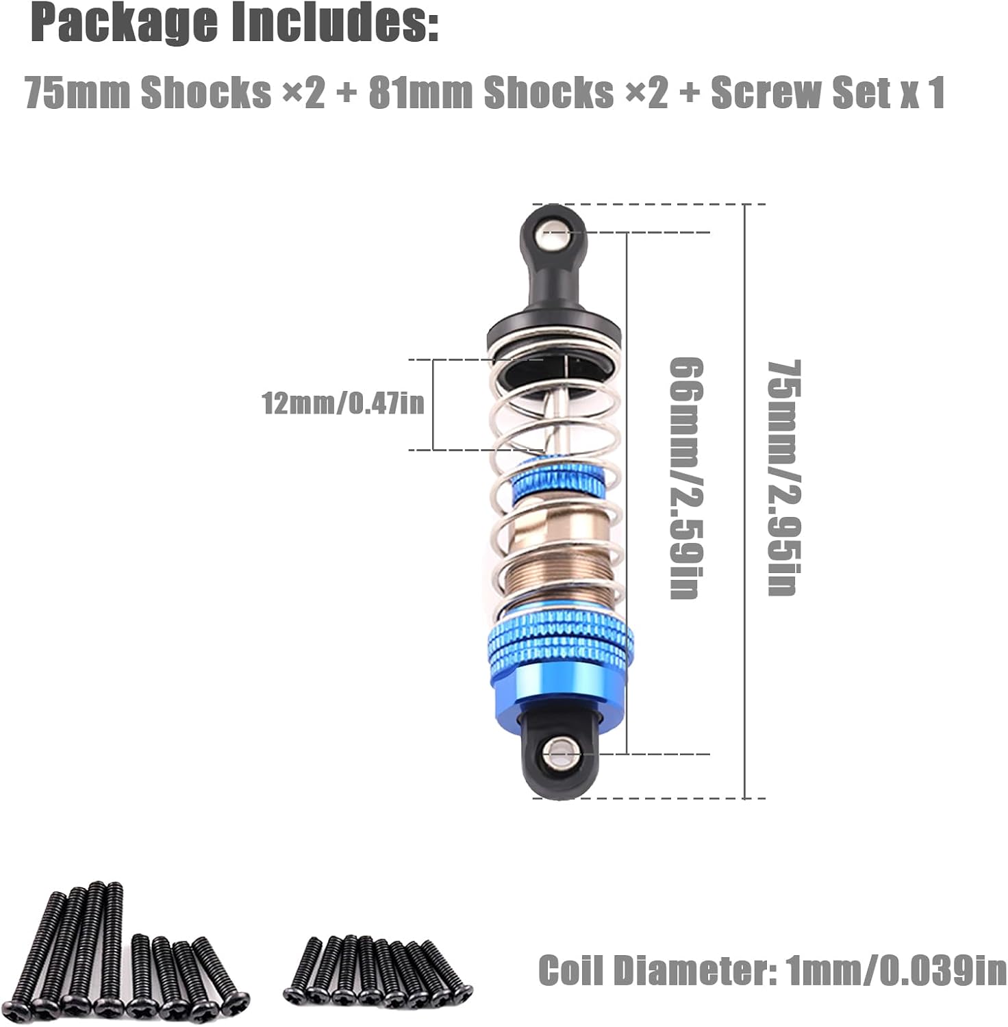 Oil-Fill Shock Absorbers for 1/14 1/16 1/12 RC Cars, 75mm Hydraulic Suspension Kit, DIY Refillable Dampers with Alloy Body, Compatible for MJX, HSP, WLtoys, SCY, FMS, Traxxas (Oil Not Included)