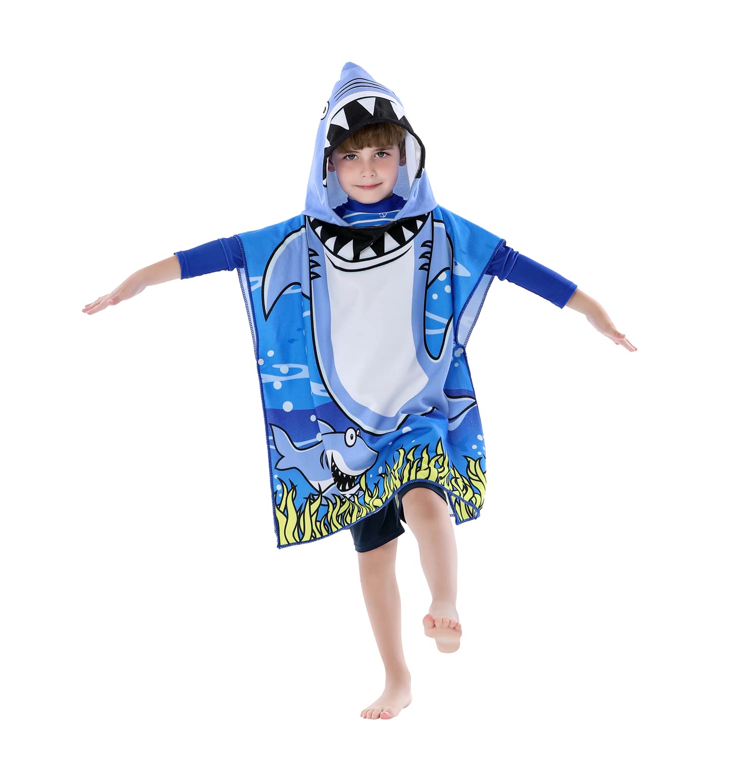 Toalla de playa ligera de microfibra con capucha para niños, niños pequeños, baño/piscina/poncho de natación (tiburón azul)