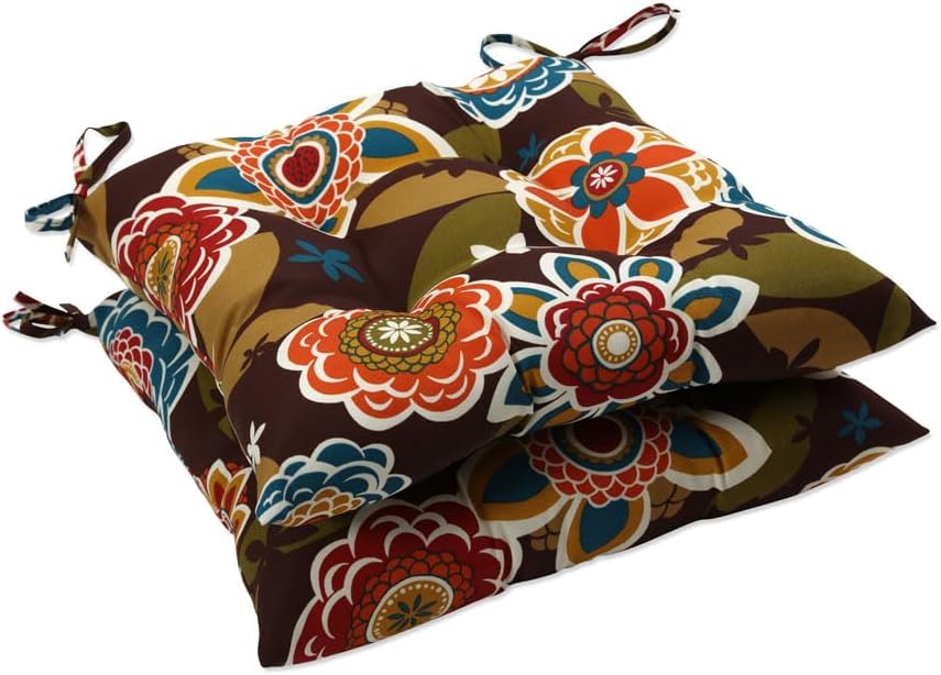Floral Indoor/Outdoor Chair Seat Cushion with Ties, Tufted, Weather, and Fade Resistant, 18.5" x 19", Brown/Orange Annie, 2 Count