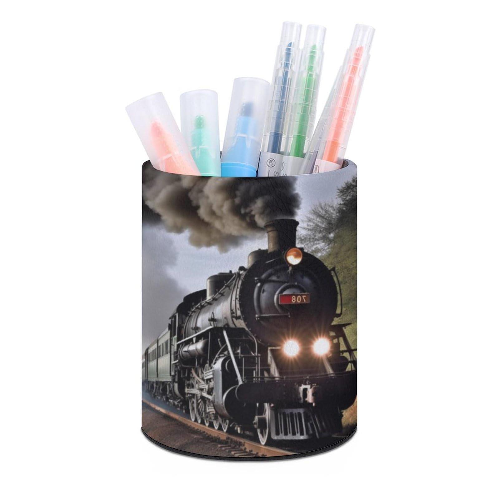 JTREHY Round Pen Holder,Steam Train Printed Makeup Brush Storage Box Desktop Stationery Storage Cup Office Accessories Storage Box Pencil Storage Box for Home Office Dressing Table