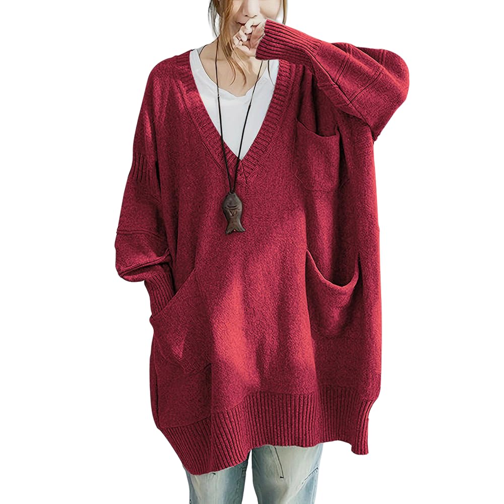 Womens Casual Loose V Neck Midi Length Sweater Fall Winter Long Sleeve Knitted Pullover Sweater with Pockets