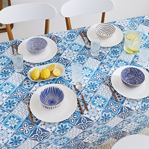 KP HOME White PVC Table Cloth Wipe Clean Tablecloth Oilcloth in Navy Blue Porto Tiles Print - Image 3