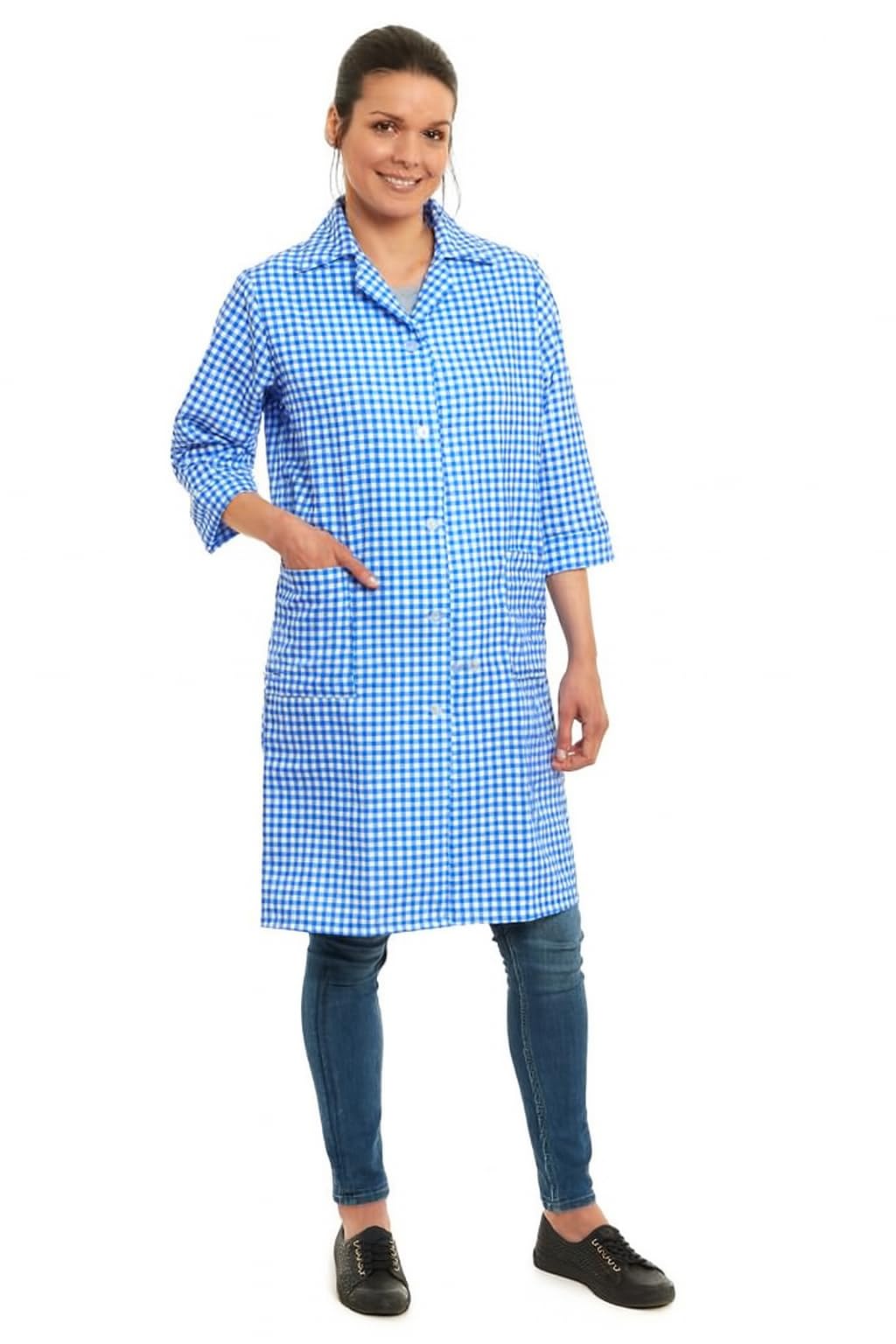 Norma Women's Royal Blue 3/4 Sleeve Overall, Button Fastening, Gingham Pattern, (, Wms 10-12)